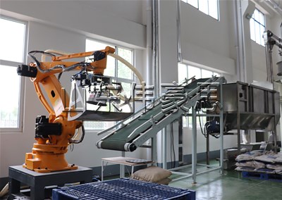 堿粉全自動(dòng)破袋機(jī)械手，機(jī)器人拆垛拆包裝置試機(jī)中